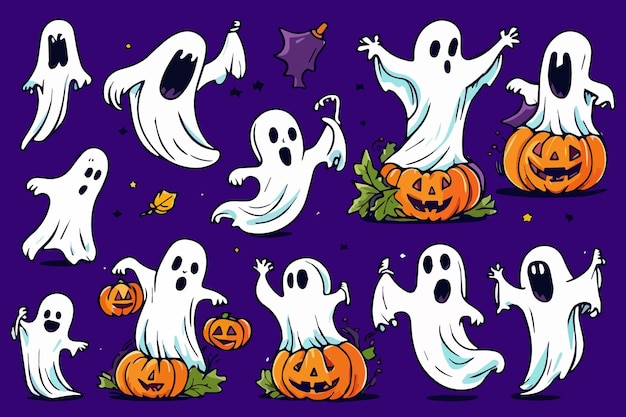 Яркая коллекция набросков хэллоуинских наклеек, тыквы и призрачный набор, коллекция каракулей, хэллоуин