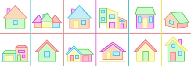 Bright collection of house icons houses and huts vector huts