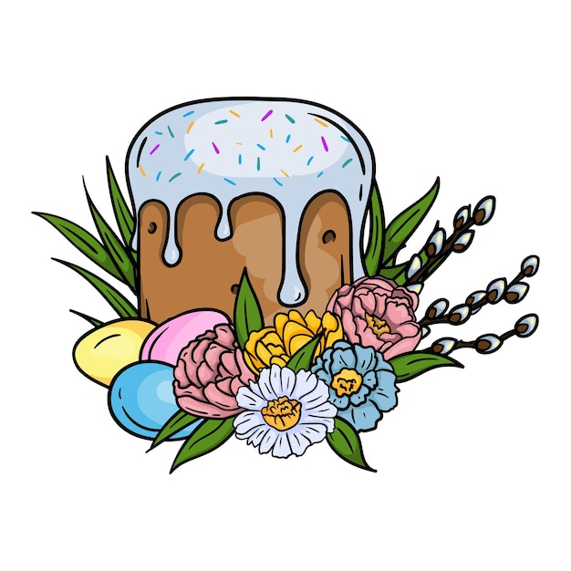 Vettore illustrazione a colori brillanti della torta di pasqua, del salice e delle uova nell'erba e dei fiori.