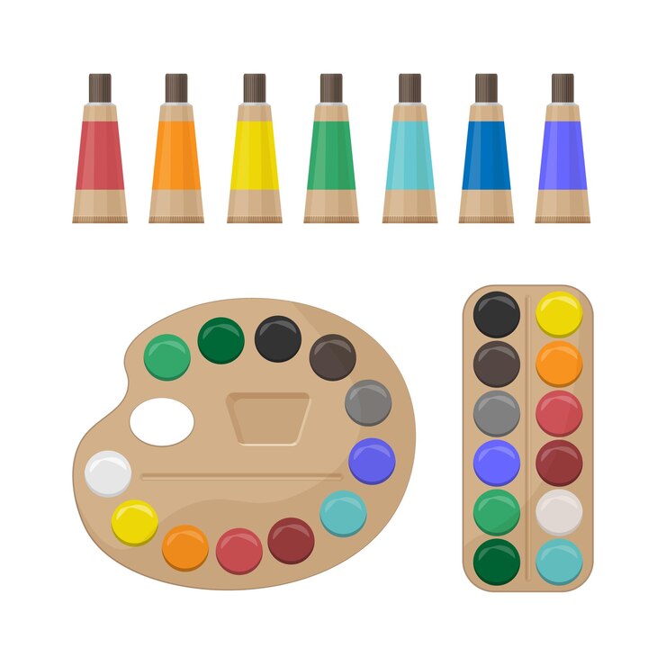 Vector a bright color set of multi-colored paints for creativity and drawing. school paint kit. the artist s accessories. paints in tubes and on the palette. vector illustration on a white background.