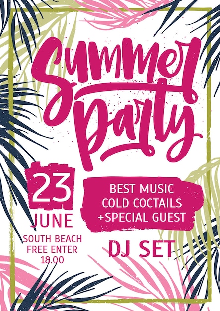 Bright colored invitation, poster or flyer template decorated with exotic palm tree leaves for summer party and lettering. Vector illustration for seasonal outdoor event announcement, promotion