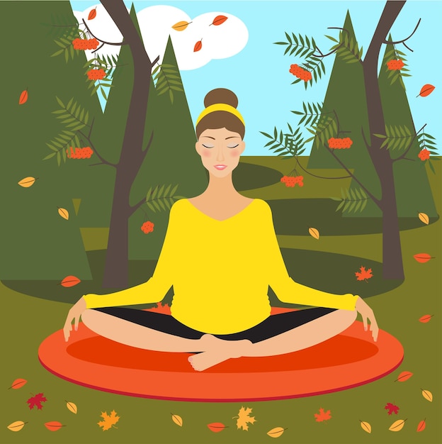 Bright colored picture with beautiful young girl practicing yoga in the autumn park