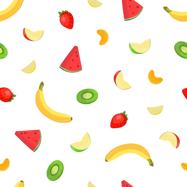 Bright colored seamless pattern with fresh delicious tropical fruits and berries . Backdrop with raw healthy food. Vector illustration for fabric print, wrapping paper, wallpaper.