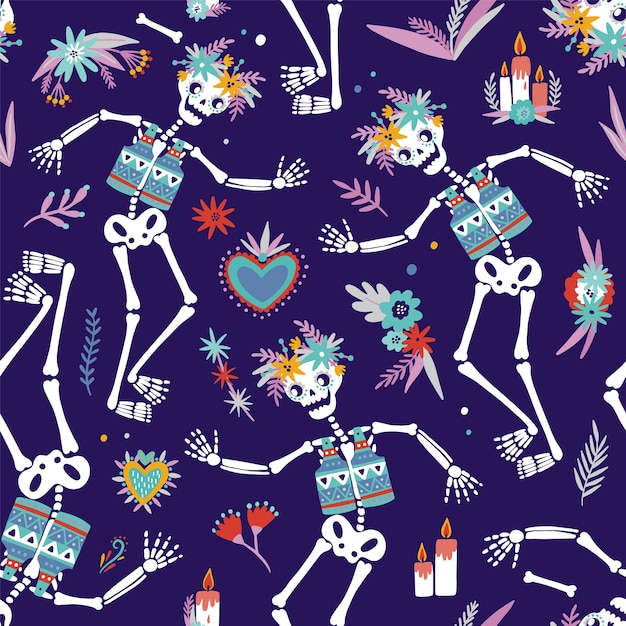Bright colored seamless pattern with skeletons dancing