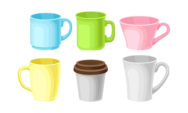 Vettore grandi tazze di tè e caffè colorate luminose di diverso design colori pastello forme classiche e una tazza di cartone vettoriale piatto illustrazione isolata su sfondo bianco personaggio di cartone animato