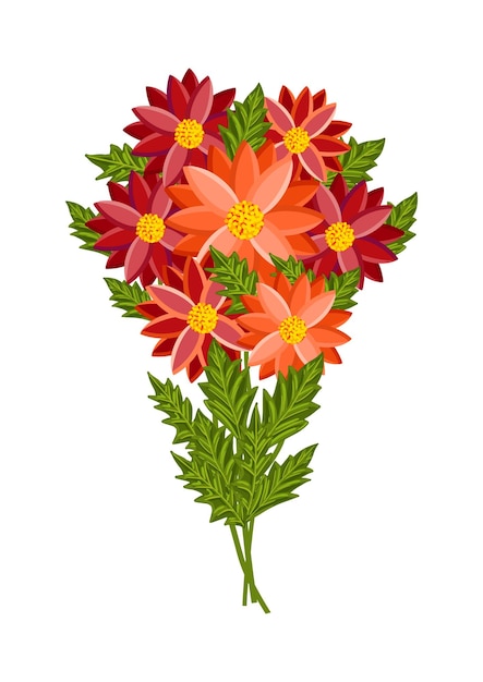 Вектор Яркий красочный букет цветов с листьями ботаническая векторная иллюстрация на белом фоне для открытки, плаката, декоративной ткани и других целей
