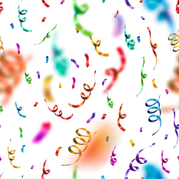 Vector bright colorful confetti and serpentine on white background, anniversary party seamless pattern