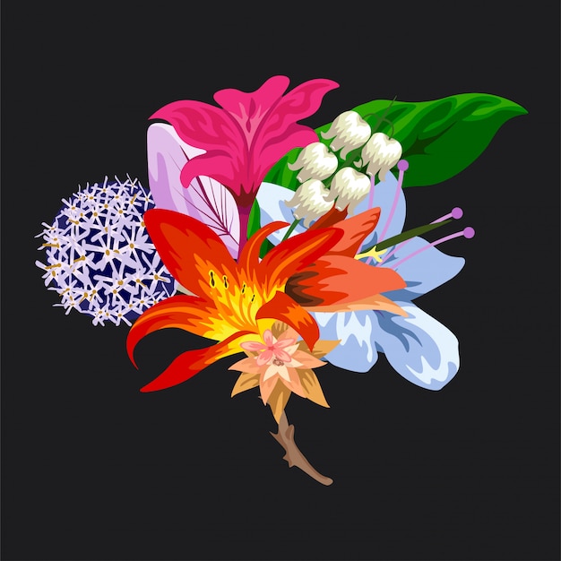 Vector bright colorful and cute tropical bouquet of flowers