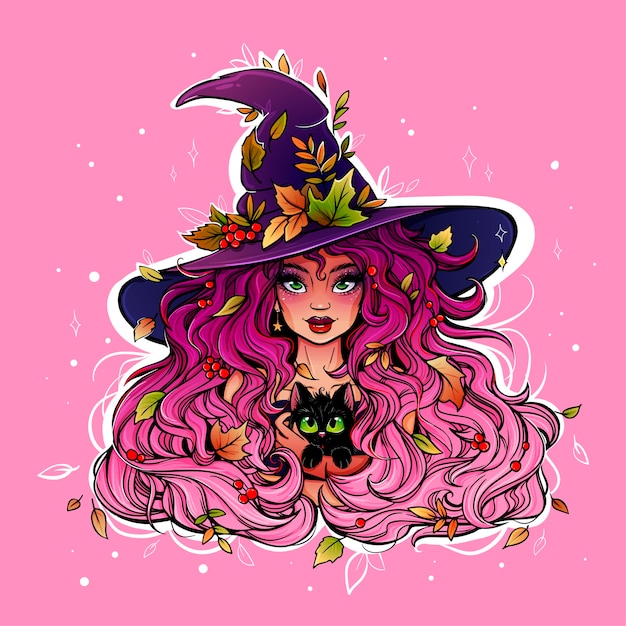 Bright and colorful drawing of a witch girl