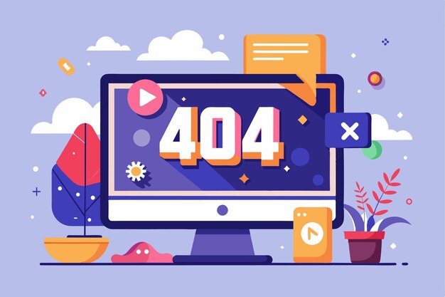 a bright and colorful error page design with playful graphics and a cheerful layout is showcased on a computer screen fix 404 error page design concept computer screen with error