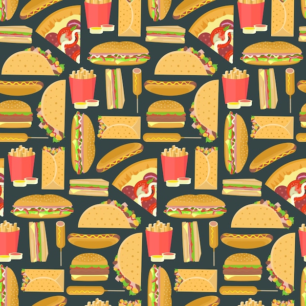 Bright colorful fast food seamless pattern on dark background