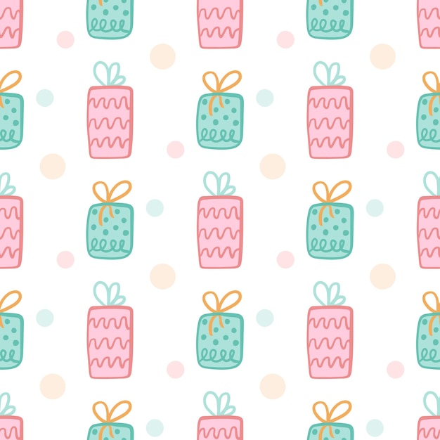 Bright colorful gift boxes on white background with bows Vector seamless pattern