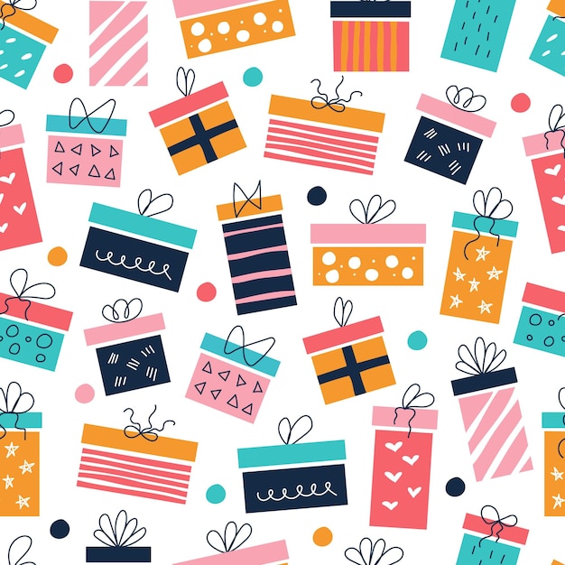 Vector bright colorful gift boxes with bows in the style of flat doodles vector seamless pattern