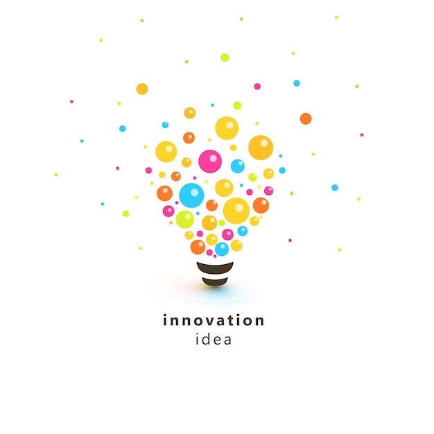Vector bright colorful lightbulb abstract innovation idea logo lamp made of circles and balls scattered in