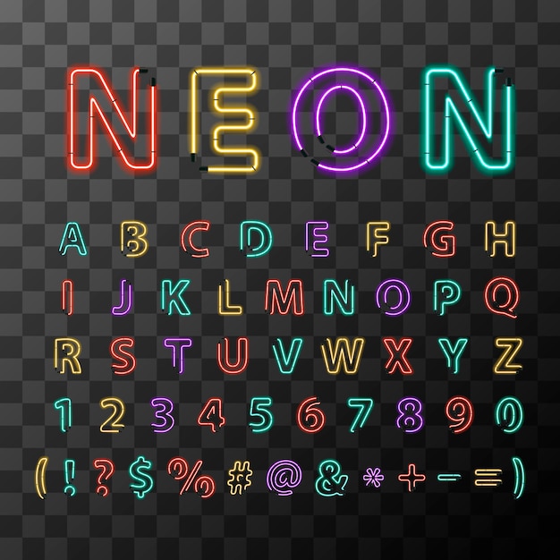 Vector bright colorful realistic neon letters, full latin alphabet on transparent background