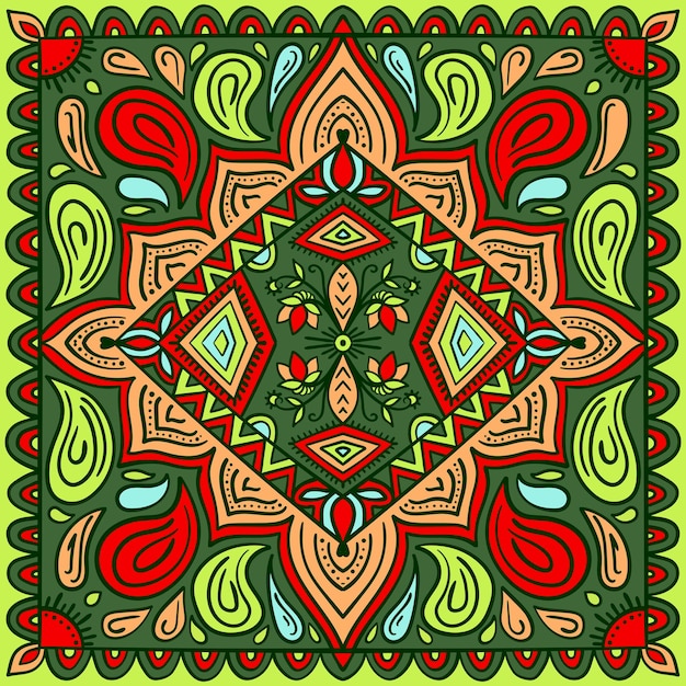 伝統的なパターンと明るいカラフルな敷物の装飾的な背景カーペットヨガマットテキスタイルグリーティングカードバナーの民族装飾デザイン
