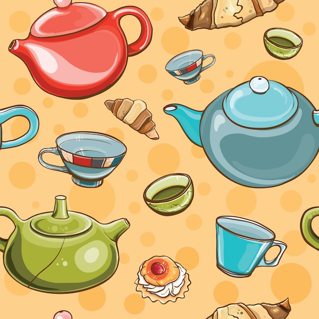 Bright colorful seamless pattern with tea set. tea time