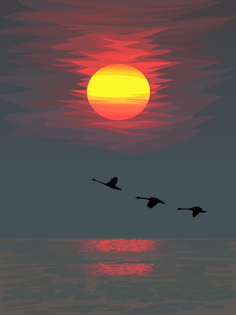 Bright colorful sunset over the sea with silhouettes of flying birds