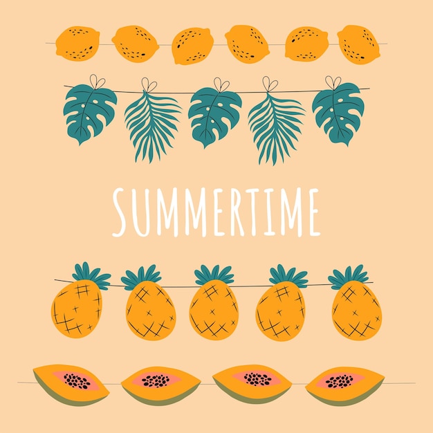 Bright and colourful summer garland decoration Vector handdrawn palm leaves papaya pineapples