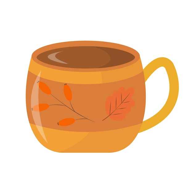 Bright cozy autumn cup with a hot drink on a white background in a cartoon style