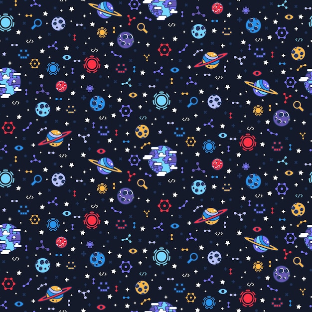 Vector bright dark open space seamless pattern with planet asteroid and constellation comet and moon satellite star ornament for printing on fabric cover and packaging cartoon vector background