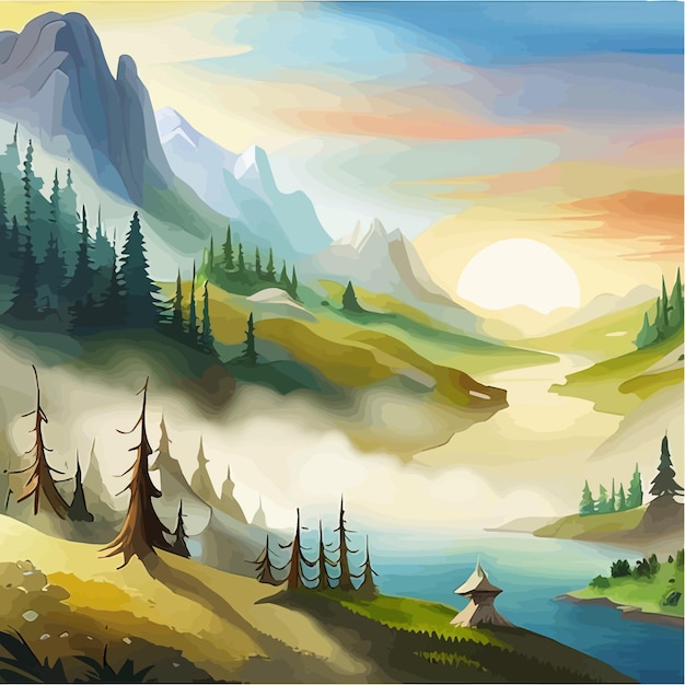 Vector bright day blue sky clouds mountains rocks green hills woods river watercolor landscape vector