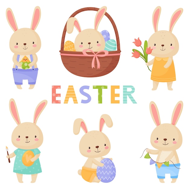 Bright Easter set with cute bunnies in different poses Vector illustration isolated on white background