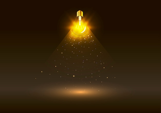 Vector bright electric bulb with golden light in the dark