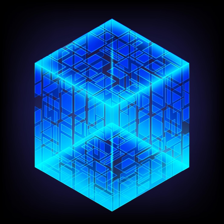 Vector bright and energy box light geometry smart code big data digital chip glare grid lines glow 3d cubes cpu core abstract technology background futuristic hitech science computer engineer