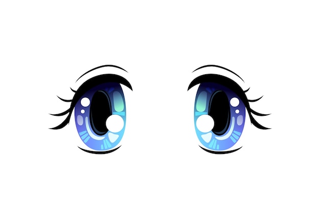 Яркие глаза, голубые красивые глаза со световыми отражениями, векторная иллюстрация в японском стиле манги на белом фоне