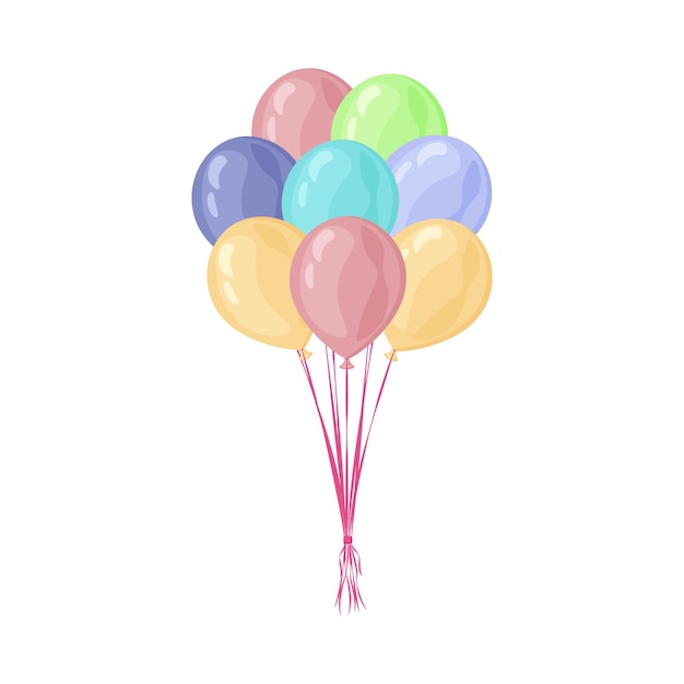 A bright festive illustration featuring balloons in red, blue, yellow, purple and green tied to a pink ribbon. Colorful holiday balloons. Vector illustration isolated on a white background.