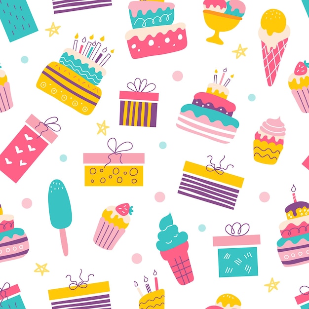 낙서 스타일 케이크 컵 케이크 선물 및 아이스크림에 밝은 축제 원활한 패턴
