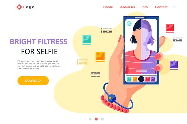 Яркие фильтры для фоторамки интерфейса экрана селфи в приложении для социальных сетей с женским лицом Шаблон сообщения в приложении «Дизайн селфи» Целевая страница с женской рукой, держащей телефон с фотопрограммой