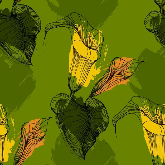 Vector bright floral seamless pattern with calla lilies flowers with leaves on background