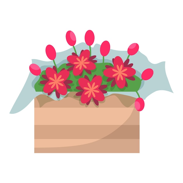 Bright flowers in a wooden box Vector cartoon illustration