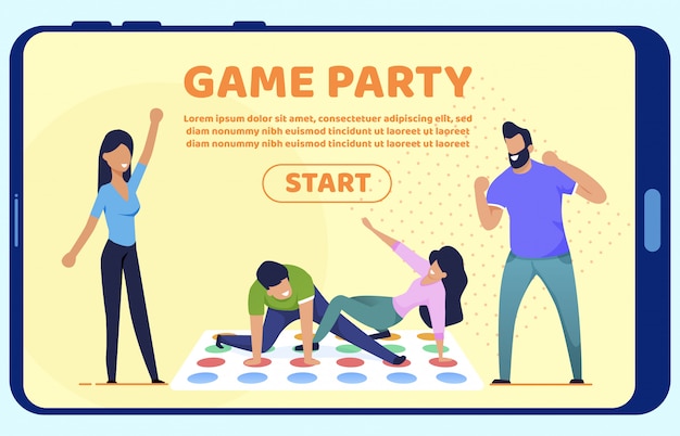 bright flyer inscription game party landing page.
