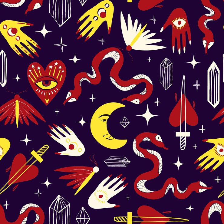 Bright funny magic pattern with bizarre mystical symbols Background with Magic symbols in a trendy cartoon style