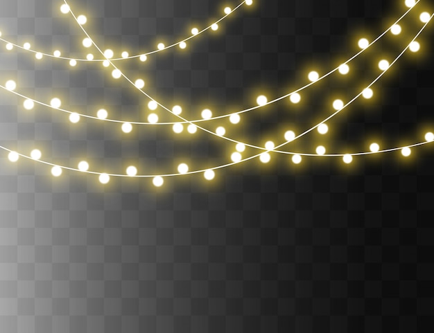 Bright garland string, illuminated lightbulbs.