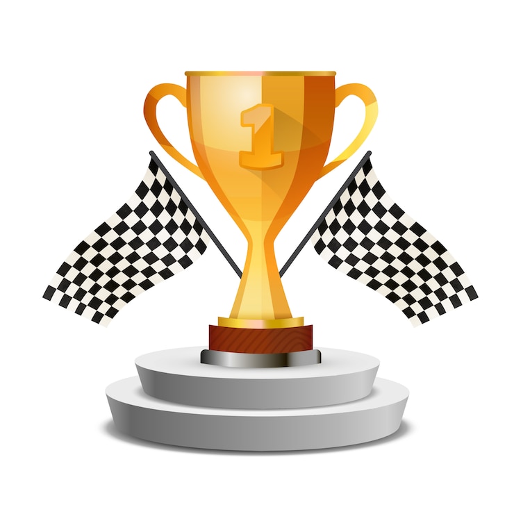 Vector bright glossy winner cup on pedestal with flags