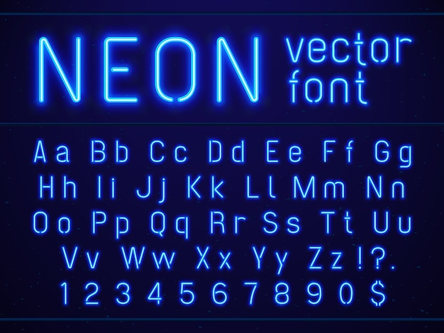 Vector bright glowing blue neon alphabet letters and numbers font.