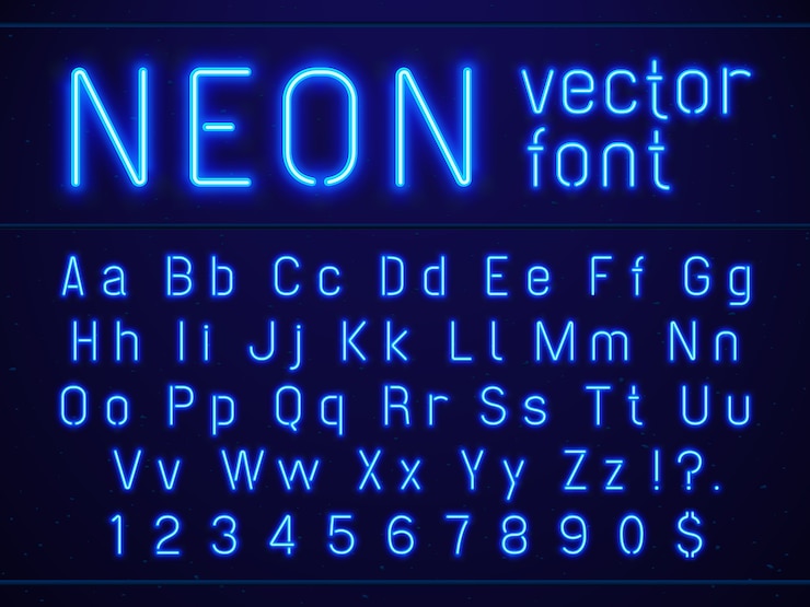 Vector 밝은 빛나는 블루 네온 알파벳 문자와 숫자 글꼴.