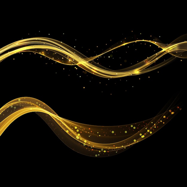 金色のキラキラと明るく輝く波の流れ波状の金色の要素のセット。抽象的な要素