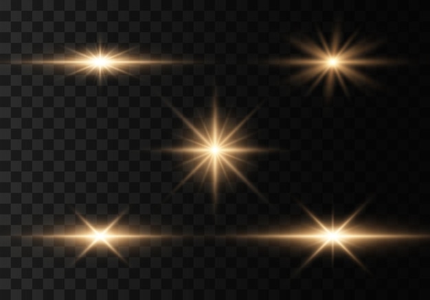 Vector bright gold flashes glares bright rays of light flashes sparkles golden lights glowing lines