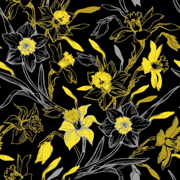 Bright graphic seamless pattern with hand drawn flowers narcissus