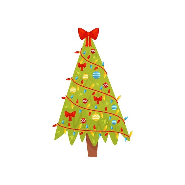 Ярко-зеленая рождественская елка, украшенная огнями, шарами и луками. Тема зимних праздников. Графический элемент для продажи. Баннер или флаер. Карикатурная векторная икона. Плоская иллюстрация, изолированная на белом фоне.