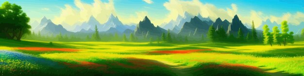 Vector bright green meadow landsape with wild flowers against backdrop high mountains and blue sky with