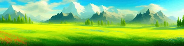 Vector bright green meadow landsape with wild flowers against backdrop high mountains and blue sky with