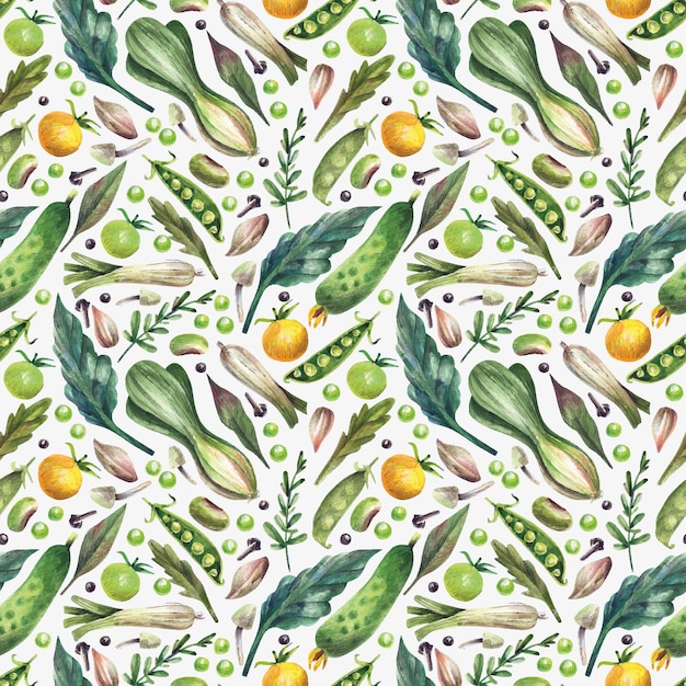 Bright green seamless pattern with hand drawn farm vegetables Leek onion cucumber lettuce