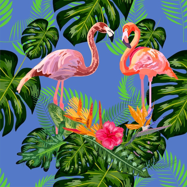 Vector bright green tropical jungle rainforest palm tree leaves pink exotic flamingo wading birds couple seamless pattern texture