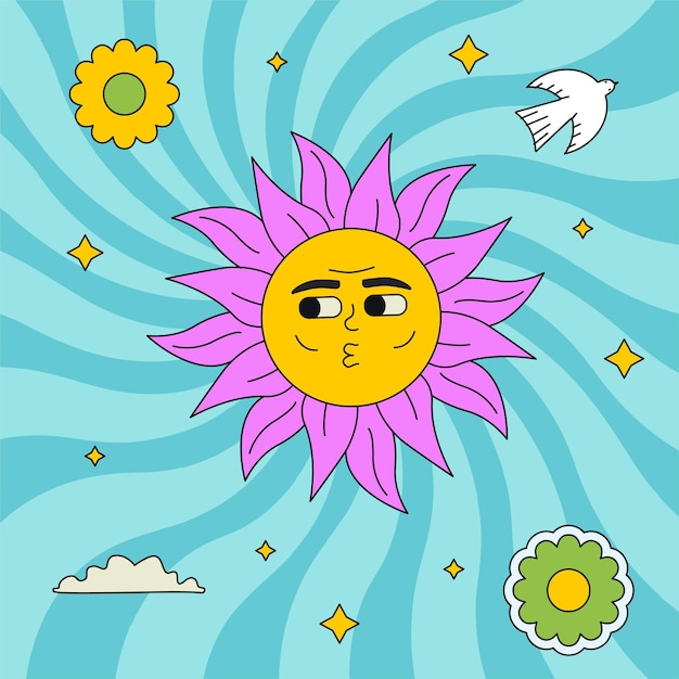 Bright groovy illustration with funky sun Vector trendy outlined patch